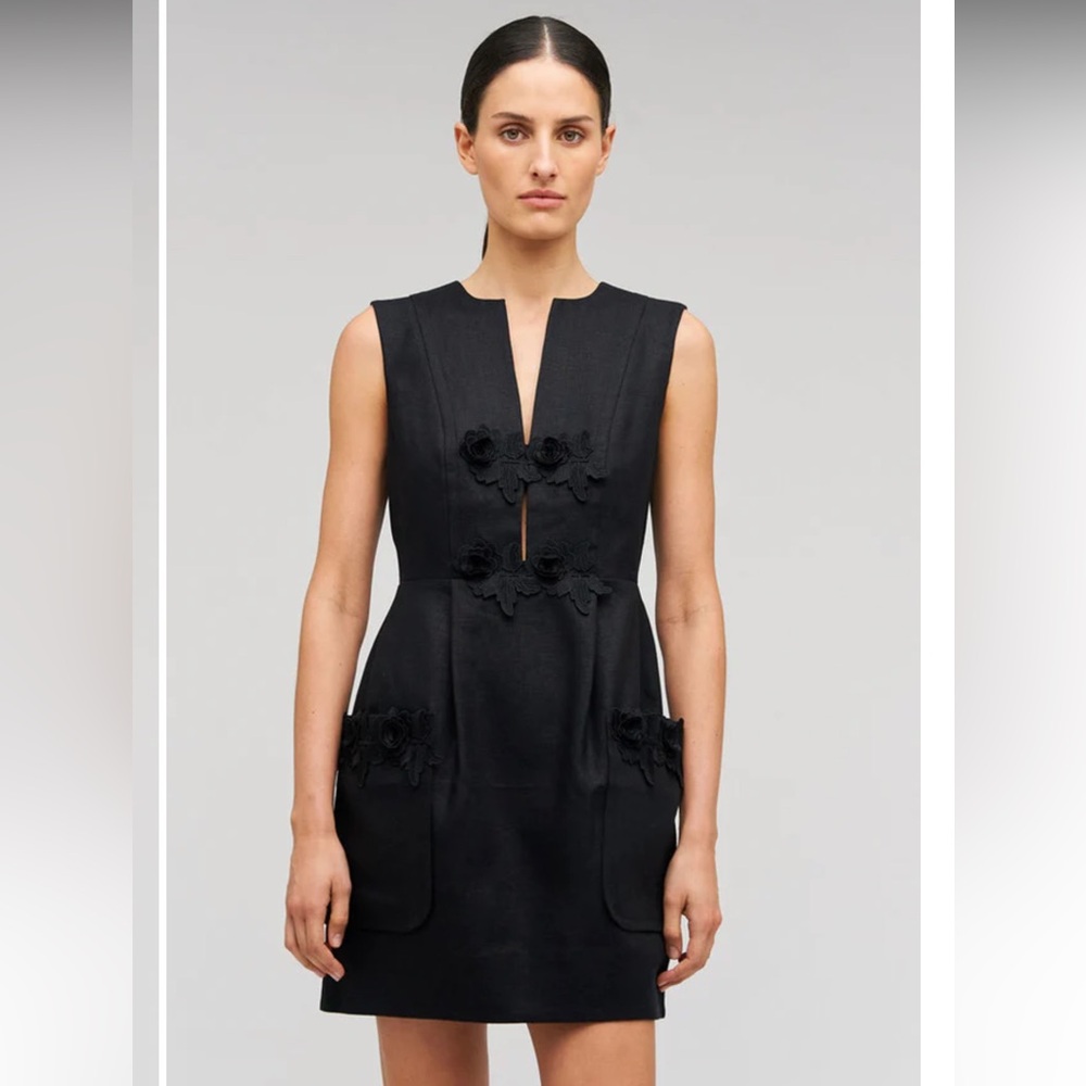 Oroton Black Linen Fully Lined Sleeveless Rosebud Lace Mini Dress SZ8 NWT